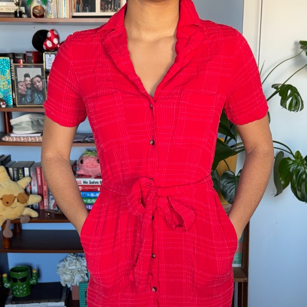 Maeve Red Button-Front Midi Dress with Tie Waist